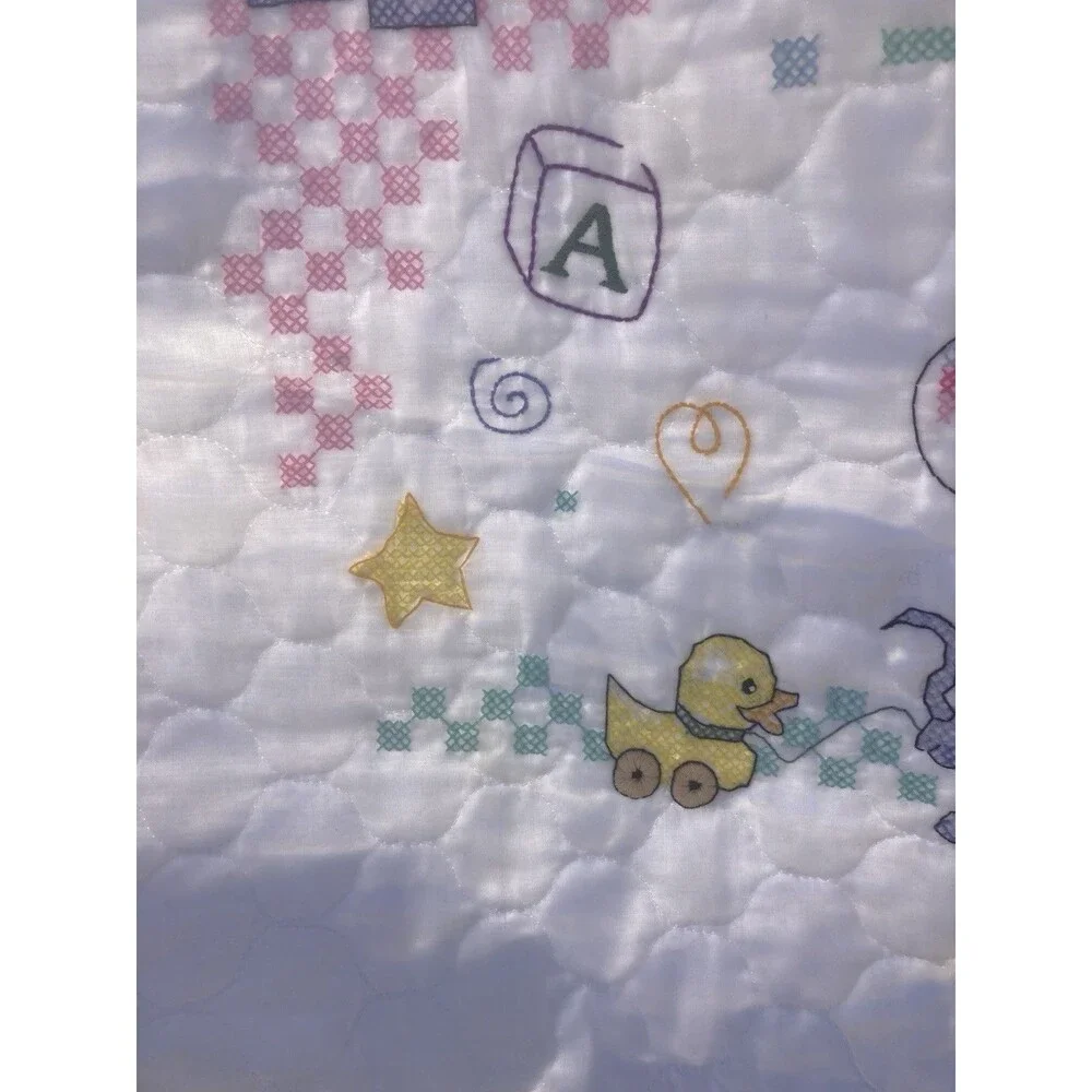 Vintage Cross Stitch Baby Crib Blanket Quilt Cute or What? Handmade 32